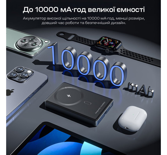 Повербанк 10000mAh Choetech B739 Black QC3.0 PD3.0 бездротова магнітна зарядка