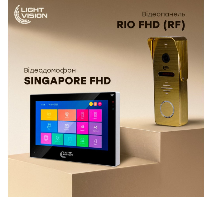 Комплект видеодомофона Light Vision: домофон 7" SINGAPORE (AI) FHD Black и видеопанель RIO FHD Gold