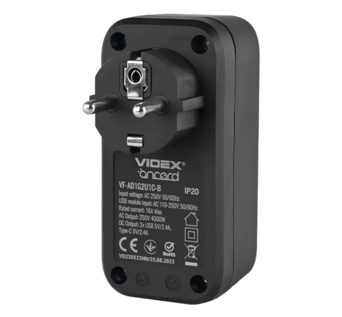 VIDEX ONCORD з/з 1п 2.4A 2USB+USB-C Black Мережевий адаптер з заземленням