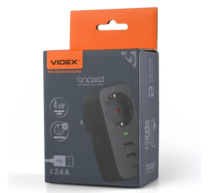 VIDEX ONCORD з/з 1п 2.4A 2USB+USB-C Black Мережевий адаптер з заземленням