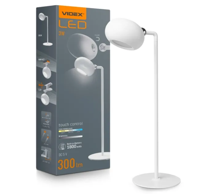VIDEX VLE-TF18W 3W 3000-5500K 220V LED лампа настiльна з акумулятором