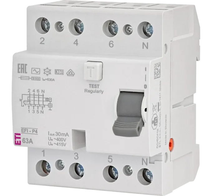 ЭТИ 4р EFI6-P4 63/0,03 тип AC (6kA) Реле дифференциальное (УЗО) ЭТИ 4р EFI6-P4 63/0,03 тип AC (6kA) Реле дифференциальное (УЗО)