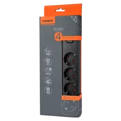 VIDEX ONCORD с/с 4п 3м (3x1.5мм) Сетевой удлинитель с кнопкой Black