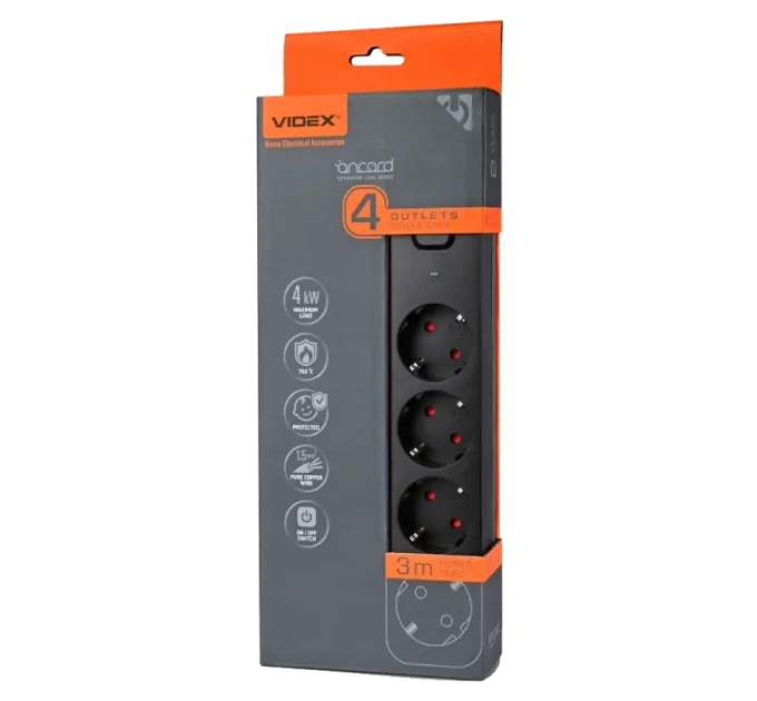 VIDEX ONCORD с/с 4п 3м (3x1.5мм) Сетевой удлинитель с кнопкой Black