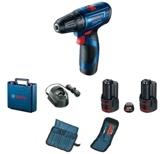 Bosch GSR 120-LI (06019G8002) Акумуляторний шурупокрут + 2 акб 2.0 Ah + ЗУ + набір біт 11 шт. + набір свердл 12 шт.