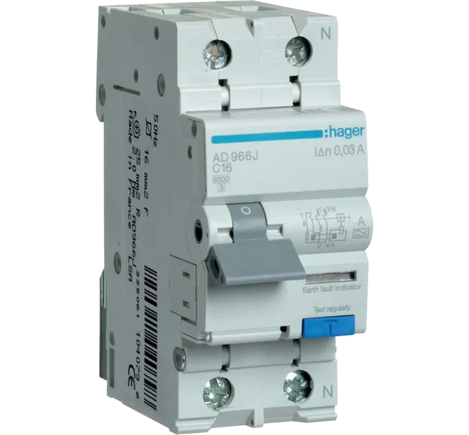 Hager 1+N С16/30mA 6кА, тип-A AD966J Дифавтомат
