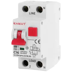 Enext e.rcbo.pro.2.C16.30, 1P+N, 16А, С, тип А, 30 Вимикач диференціального струму із захистом від надструмів