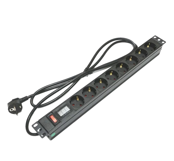 Kingda Блок 19" на 8 роз. нем. станд., 16А, 1U, с выключателем и амперметром Kingda Блок 19" на 8 роз. нем. станд., 16А, 1U, с выключателем и амперметром