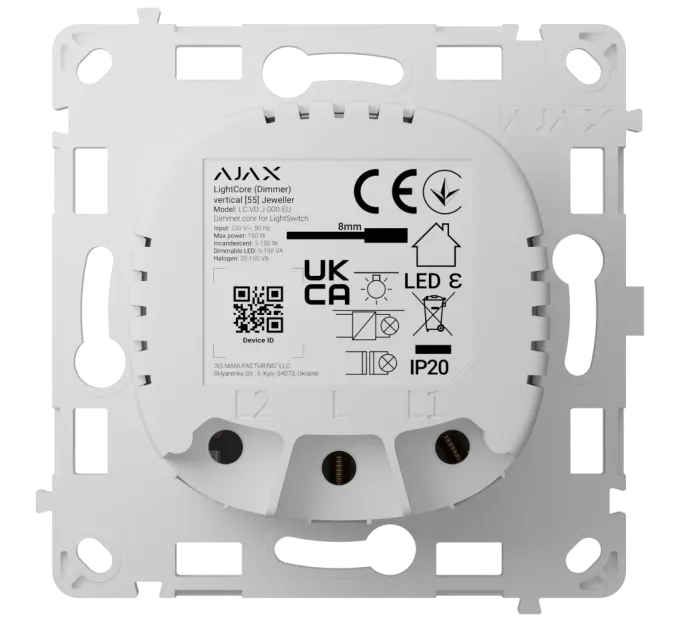 Ajax LightCore (Dimmer) vertical [55] (8EU) ASP white Бездротовий розумний сенсорний димерний вимикач світла