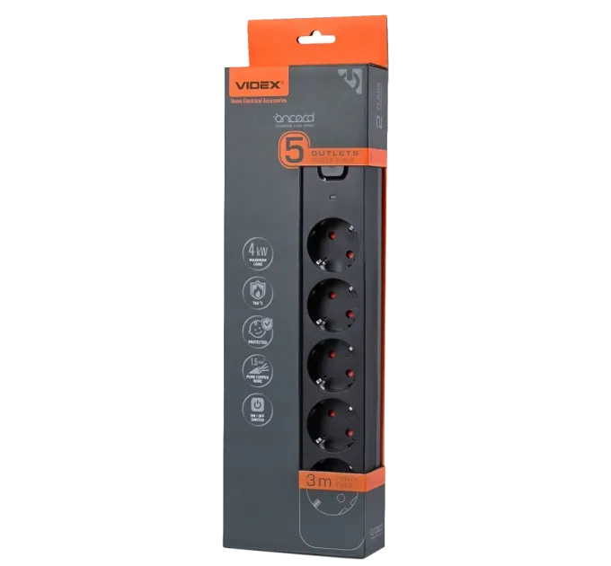 VIDEX ONCORD с/с 5п 3м (3x1.5мм) Сетевой удлинитель с кнопкой Black