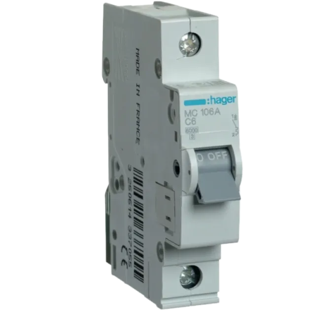 Hager MC106A Автоматический выключатель 1P 6kA C-6A 1M Hager MC106A Автоматический выключатель 1P 6kA C-6A 1M