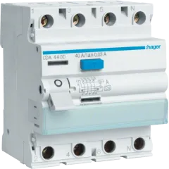 Hager CDA440D Дифференциальное реле 4P, 6kA, 40A, 30mA, A Hager CDA440D Дифференциальное реле 4P, 6kA, 40A, 30mA, A