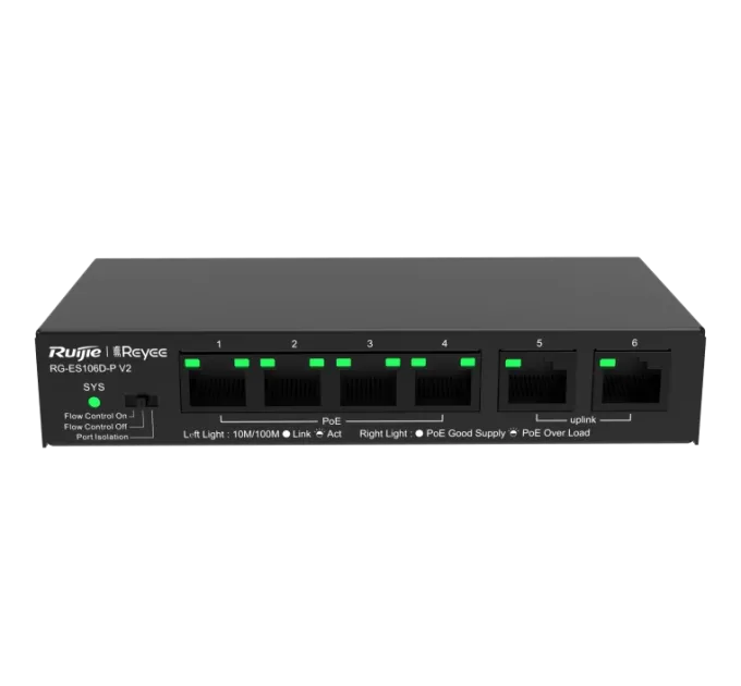 Ruijie Reyee RG-ES106D-P V2 PoE Коммутатор 6 портов неуправляемый Ruijie Reyee RG-ES106D-P V2 PoE Коммутатор 6 портов неуправляемый