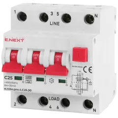 Enext e.rcbo.pro.4.C25.30, 3P+N, 25А, С, тип А, 30 Вимикач диференціального струму із захистом від надструмів