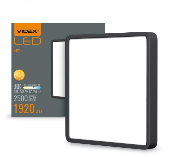 VIDEX 24W 5000K 220V LED светильник накладной квадрат Black