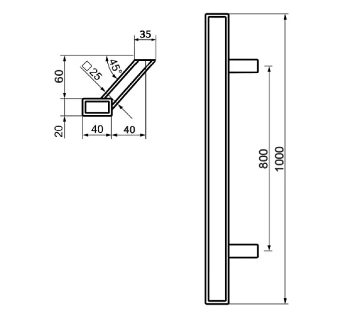 ABARO Sydney 45° L:1000 X:800 W:40*20mm SS 304 Ручки скоби (комплект)