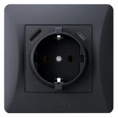 VIDEX BINERA Розетка одинарна із заземленням з USB+USB-C чорний графіт