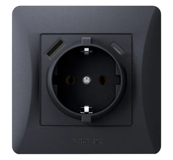 VIDEX BINERA Розетка одинарна із заземленням з USB+USB-C чорний графіт