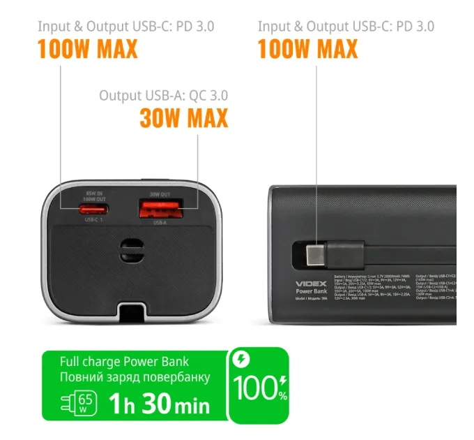 VIDEX VPB-366 PD100Вт 20000мА•г Повербанк