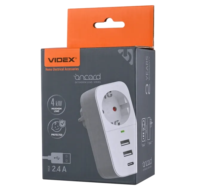 VIDEX ONCORD 1п 2.4A 2USB+USB-C Сетевой адаптер Type-C с заземлением