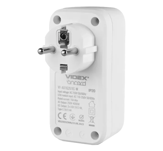 VIDEX ONCORD 1п 2.4A 2USB+USB-C Сетевой адаптер Type-C с заземлением