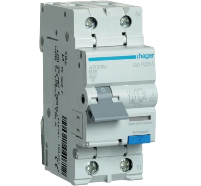 Hager 1P+N 6kA B 16A 30mA Дифференциальный автоматический выключатель Hager 1P+N 6kA B 16A 30mA Дифференциальный автоматический выключатель