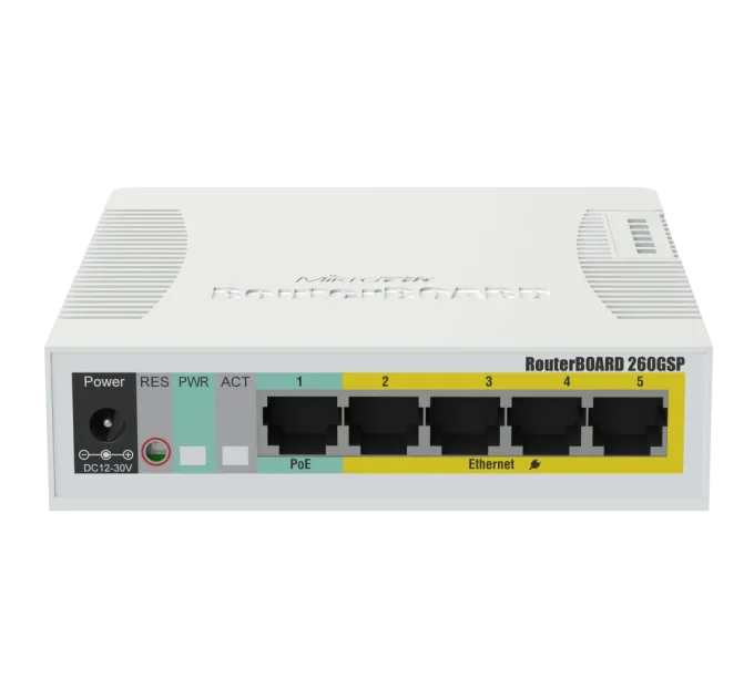 MikroTik RB260GSP (CSS106-1G-4P-1S) PoE Коммутатор 5 портов управляемый MikroTik RB260GSP (CSS106-1G-4P-1S) PoE Коммутатор 5 портов управляемый