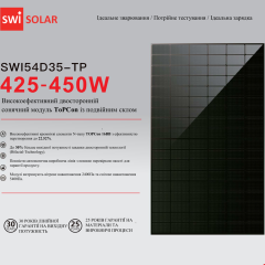Сонячна панель 450 Вт двустороння SWI Solar (Швейцарія) SWI54D35-450/TP з подвійним склом.